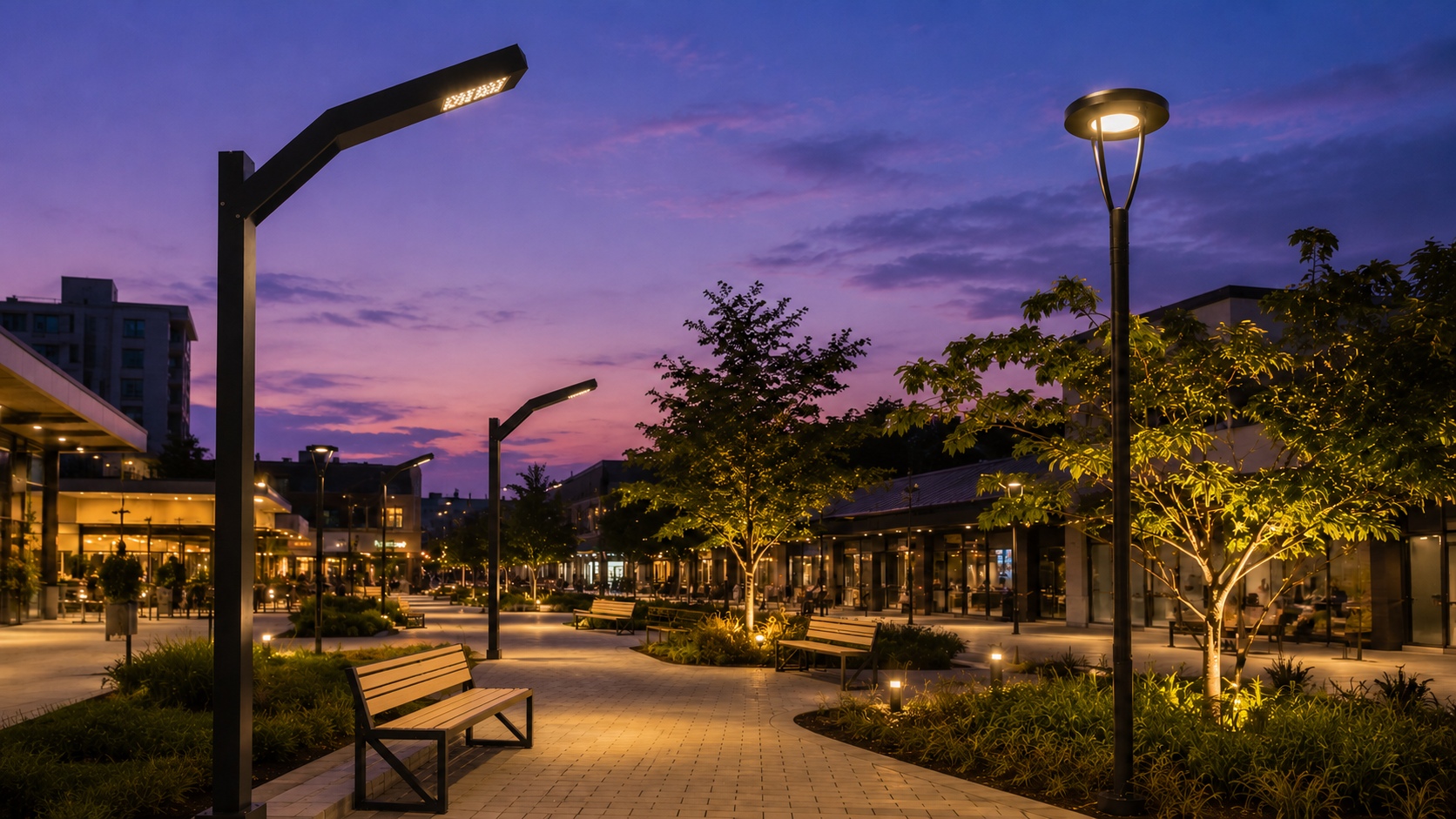 Iluminação pública em praça e via urbana ao entardecer com postes acesos e paisagismo urbano