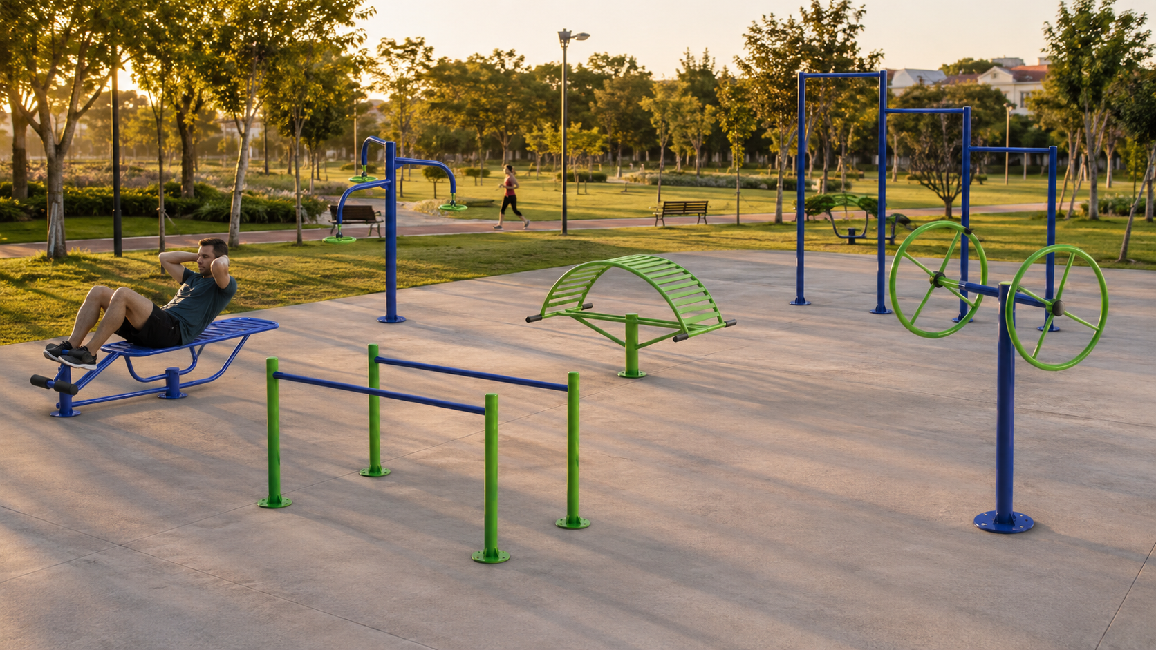 Equipamentos de academia ao ar livre instalados em praça ao pôr do sol com usuários ao fundo